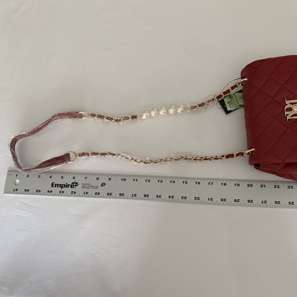 NWT Badgley Mischka Crossbody Bag Red Diamond Quilted Pearls Vegan Leather Glam - Picture 12 of 13